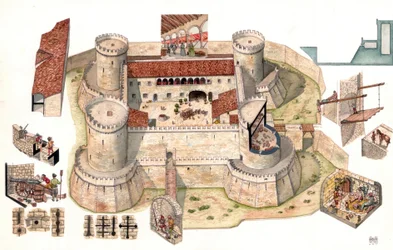 Detail luchtfoto van het Aragonese kasteel van Venosa gebouwd door Pirro del Balzo in 1470, vlakbij Potenza in Basilicata, Italië Door de kopjes kun je gevangenen zien in de cellen in de torens die als gevangenis dienden. Detailaanzichten tonen soldaten in