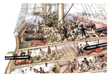Napoleontische oorlog: de Slag bij Trafalgar, uitgevochten op 21/10/1805 tussen de Frans-Spaanse vloot onder leiding van admiraal Villeneuve en de Britse vloot onder leiding van vice-admiraal Nelson. Dwarsdoorsnede van het schip met het interieur, s