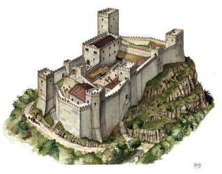 Middeleeuwse architectuur: reconstructie van het kasteel van Canossa in de 11e eeuw, in de tijd dat gravin Mathilde van Canossa (of gravin Mathilde van Toscane) (1046-1115) en paus Gregorius VII (1015/20-1085) er hun toevlucht zochten. Italië. Illustratie