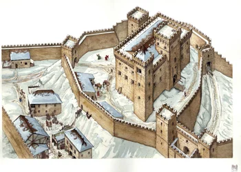 Middeleeuwse architectuur: reconstructie van het kasteel van de stad Udine in de 14e eeuw. Italië Illustratie door Giorgio Albertini. (Het gebruik van de werken van deze auteur is niet onderworpen aan een aanvraag voor toestemming van een derde partij of a