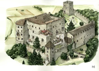 Middeleeuwse architectuur: zicht op het kasteel van Pergine, met uitsnijdingen die het leven van de bewoners in de kamers van het kasteel in de 16e eeuw laten zien. Pergine Valsugana, Trento, Italië Illustratie door Giorgio Albertini. (Het gebruik van de w