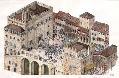 Middeleeuwen: luchtfoto van het centrale plein van de stad Gubbio (Umbrië) in Italië in de 14e eeuw. Links is het paleis van de Consuls te zien.