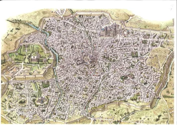 Middeleeuwen: gedetailleerde luchtfoto van de stad Samarkand (Samarkand), de stadsmuren zijn zichtbaar, in Oezbekistan ten tijde van de Mongoolse Chaybanid-dynastie. 1450 rond Centraal-Azië. Illustratie door Giorgio Albertini. (Het gebruik van de werken va