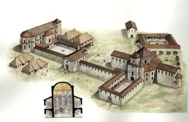Middeleeuwen: overzicht, en dwarsdoorsnede van de reconstructie van het paleis van Karel de Grote (ca. 742-814) gerealiseerd door de architect Eudes de Metz rond 794 in Aken (Aachen) Duitsland. Illustratie door Giorgio Albertini. (Het gebruik van de werken