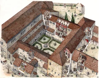 Middeleeuwen: reconstructie van een klooster en het leven van nonnen of monniken. Door de uitsnijdingen kun je de innerlijke scènes zien. Illustratie door Giorgio Albertini. (Voor het gebruik van de werken van deze auteur is geen toestemming van derden ver