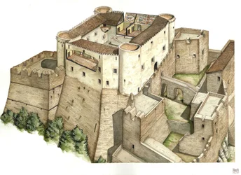 Middeleeuwen: reconstructie van het kasteel Santa Severina, gebouwd in de 11e eeuw, in Catanzaro. Calabrië Italië Illustratie door Giorgio Albertini. (Het gebruik van de werken van deze auteur is niet onderworpen aan een aanvraag voor toestemming van een d