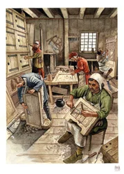 Middeleeuwen: voorstelling van een werkplaats van ebenisten in de 15e eeuw, arbeiders bewerken hout.