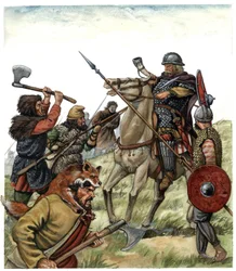 Middeleeuwen: scène uit de Slag bij Roncevaux (Spaans Baskenland), een Frankische ruiter uit het leger van Karel de Grote neemt het in 778 op tegen de Moren. 8e eeuw. Illustratie van Giorgio Albertini.