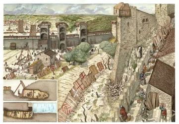 Middeleeuwen: de belegering van de stad Viterbo (Viterbo) bij Rome, begeerd door de Guelfes, aanhangers van de paus en door de Gibelins, aanhangers van het leger van keizer Frederik II Hohenstaufen (1194-1250) in 1240. Italië. Linksonder is een beschrijvin