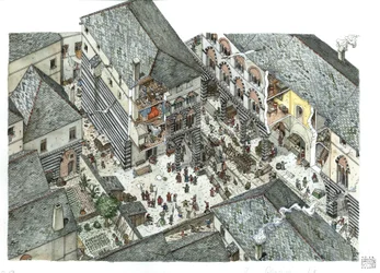 Middeleeuwen: gezicht op een paleis van de koopmansadel (Curia of curia) van Genes in de 15e eeuw, straatscènes, Italië Illustratie van Giorgio Albertini.