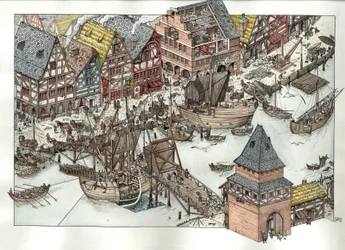 Middeleeuwen: zicht op commerciële activiteiten rond de haven in Lubeck, aan de Baltische Zee. 14e eeuw. Duitsland