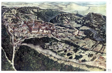 Middeleeuwen: zicht op de middeleeuwse stad Volterra, omringd door stadsmuren, in de 10e eeuw. Toscane. Italië Illustratie door Giorgio Albertini. (Het gebruik van de werken van deze auteur is niet onderworpen aan een aanvraag voor toestemming van een derd
