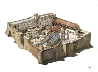 Overzicht van het orthodoxe klooster van St. Catharina van de Sinaï in Egypte. Illustratie door Giorgio Albertini. (Voor het gebruik van de werken van deze auteur is geen toestemming van derden nodig en hoeven geen extra kosten te worden betaald).