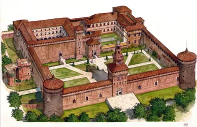 Overzicht van het kasteel van de vesting Sforza (Castello Sforzesco) gebouwd door hertog Francesco Sforza in de 15e eeuw in Milaan, Italië.