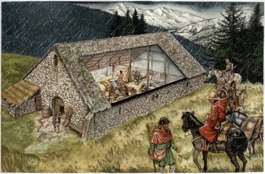 Reconstructie van een ziekenhuis (hospice of toevluchtsoord) van pelerins in Moncenisio (Montcenis) in de Alpen, Italië