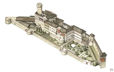 Reconstructie van het kasteel van Buonconsiglio, voormalige residentie van de eveque prinsen van Trento. Italië Illustratie door Giorgio Albertini. (Het gebruik van de werken van deze auteur is niet onderworpen aan een verzoek om toestemming van een derde 