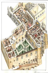 Reconstructie van de adellijke vloer van het hertogelijk paleis van Urbino, Italië. Het werd gebouwd door hertog Federico da Montefeltro (Frederic de Montefeltre, hertog van Urbino) in de 15e eeuw.