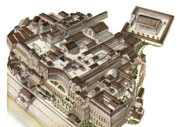 Romeinse oudheid: reconstructie van de Palatijn (Palatino-heuvel) in de 4e eeuw, waar de opeenvolgende keizers Augustus, Nero en Septimius Severus hun respectieve paleizen bouwden. Rome, Italië