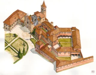 Romanogotische kunst: luchtfoto van de structuur van de abdij Viboldone, gebouwd tussen 1176 en 1348 in San Giuliano Milanese, bij Milaan, Italië Illustratie door Giorgio Albertini. (Voor het gebruik van de werken van deze auteur is geen toestemming vereis