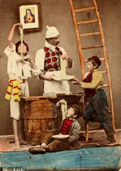 Kinderen eten spaghetti met de handen, Napels, ca. 1865 (afdruk op dubbelgewicht papier)