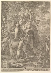 Allegorie van de Jacht, een jager met een grote speer die een vrouw Diana op zijn schouder draagt, 1556