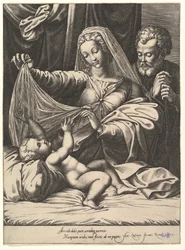 Madonna van Loreto, de Maagd tilt een sluier op boven het Kind, dat op een bed en kussen ligt, 1575