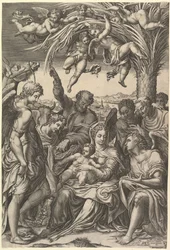 Rust tijdens de vlucht naar Egypte, de Heilige Familie onder een palmboom omringd door engelen, put..., 1578