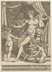 Venus en Vulcanus zittend op een bed
