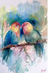 Kleurrijke tortelduifjes in aquarel