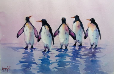 Vijf wandelende pinguïns