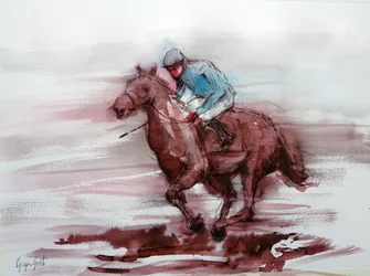 Jockey op een galopperend renpaard
