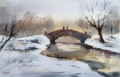 Mistige winterbrug