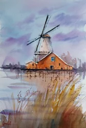 Weerspiegeling van een rustieke windmolen