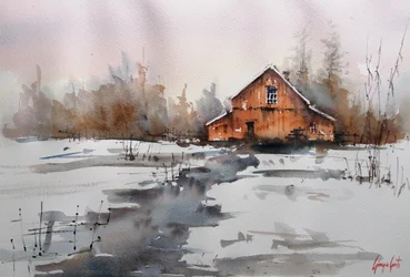 Rustieke winterbeek bij de schuur