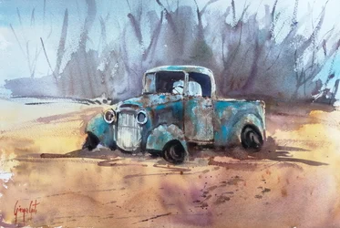 Roestige blauwe pick-up