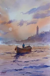 Boot en vuurtoren bij zonsondergang