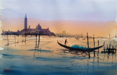 Gondel in Venetië bij zonsondergang