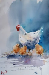 Witte kippen en kuikens