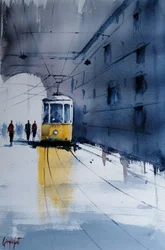 Gele tram in de regen