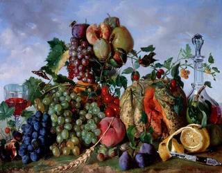 Stilleven van fruit van de maand augustus, perziken, meloen, druiven, Damascus pruimen, peren