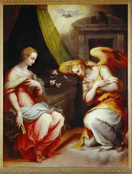 Annunciatie. Middenpaneel van een drieluik. Geschilderd voor het hoofdaltaar van Santa Maria Novella in Arezzo ...