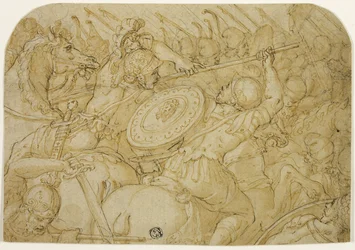 Cavaleriegevecht (recto); Architecturale schets (verso)