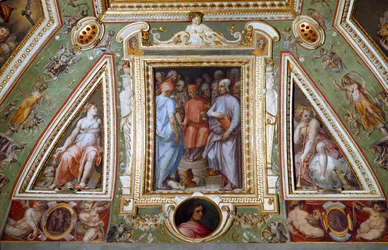 (detail) van de kamer van Cosimo de Medici die zichzelf met kunstenaars en intellectuelen voorstelt (fresco)