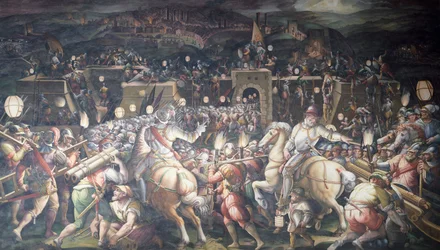 Italië, Florence, Palazzo Vecchio (Oud Paleis), Salone dei Cinquecento, Inname van Fort bij Port Camollia in Siena