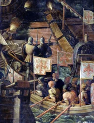 Zeeslag tussen Florence en Pisa. Detail. Cinquecento woonkamer plafond. Maniëristisch schilderij door Giorgio Vasari (1511-1574), 1565. Palazzo Vecchio (Palazzo della Signoria) Florence