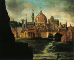 Portret van hertog Alexander De Medici, detail: stad Florence