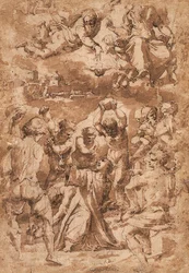 De steniging van St. Stefanus, met de Drie-eenheid erboven