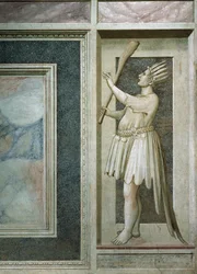 Dwaasheid, mannelijke figuur met de mond gesloten door een slot, een knots in de rechterhand en het hoofd bedekt met veren en een pauwenstaart, detail uit de frescocyclus De Ondeugden en Deugden, na de restauratie in 2002, Scrovegni-kapel, Padua, Veneto