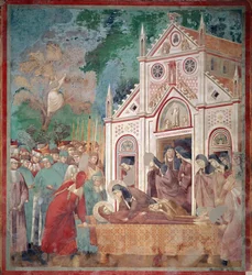 De begrafenisstoet van Sint Franciscus van Assisi stopt voor Sint Damiaan zodat Sint Clara het lichaam kan vereren