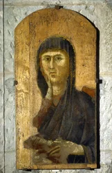 Madonna. Portret van de Maagd op een gouden achtergrond. Schilderij door Giotto di Bondone (1267? -1337), rond 1290. Tempera op hout. Afmetingen: 81,5 x 41 cm. Borgo San Lorenzo, Pieve.